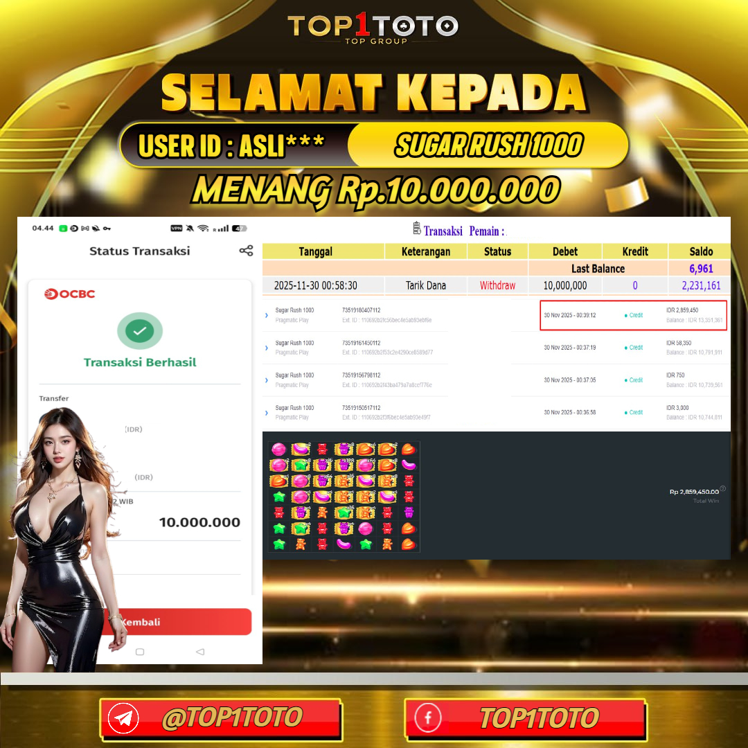 TOP1TOTO JACKPOT SLOT SUGAR RUSH 1000 Rp.10.000.000  - LUNAS USER ID : ASLI***