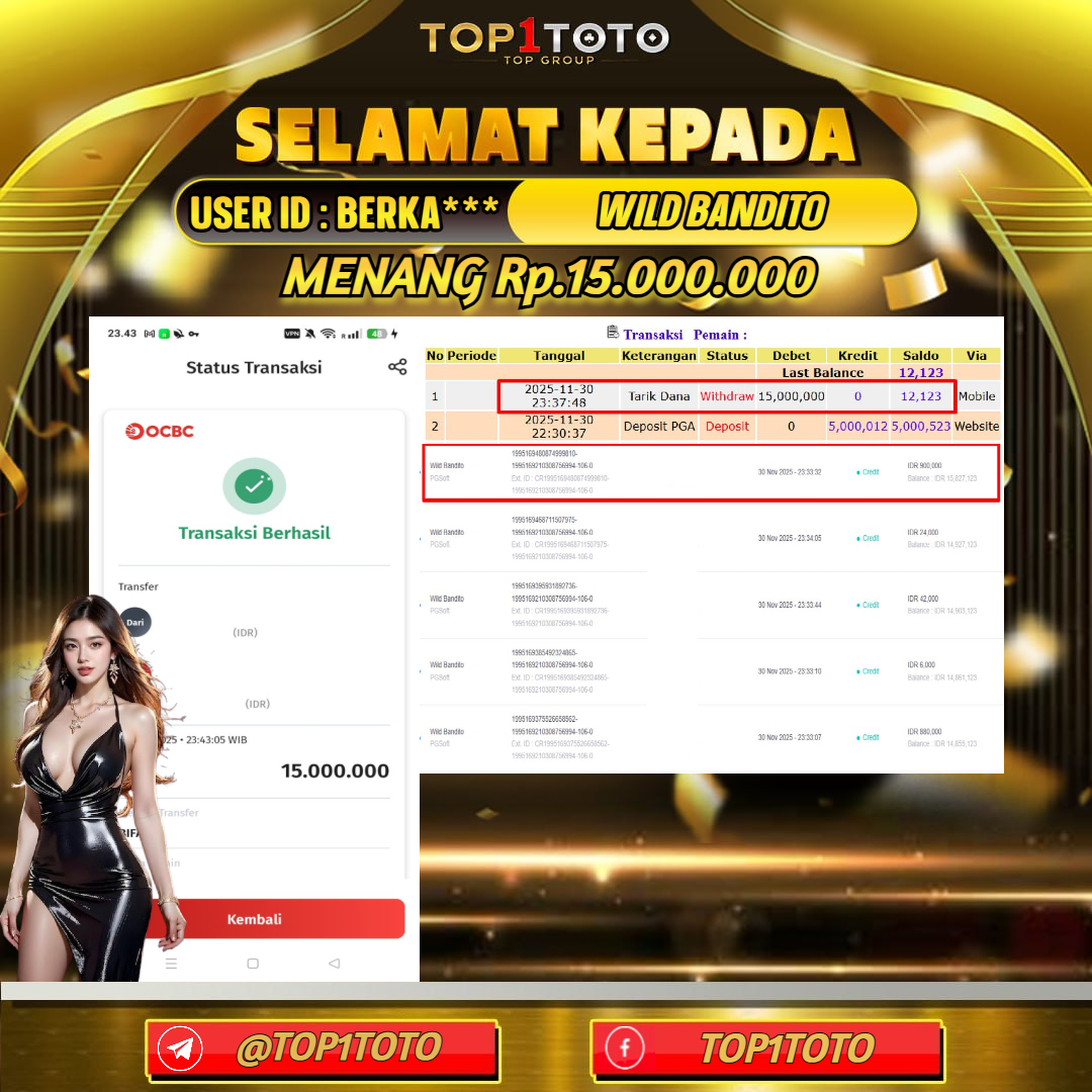 TOP1TOTO JACKPOT SLOT WILD BANDITO Rp.15.000.000  - LUNAS USER ID : BERKA***