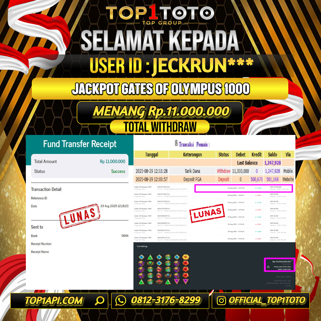 TOP1TOTO JACKPOT SLOT GATES OF OLYMPUS 1000 Rp.11.000.000 - LUNAS USER ID : JECKRUN***