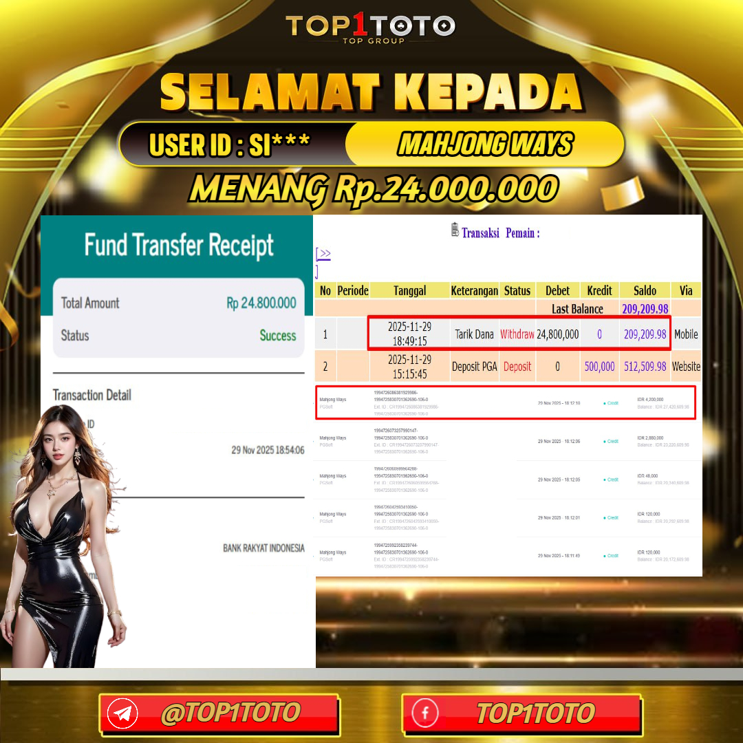 TOP1TOTO JACKPOT SLOT MAHJONG WAYS Rp.24.000.000 - LUNAS USER ID : SI***