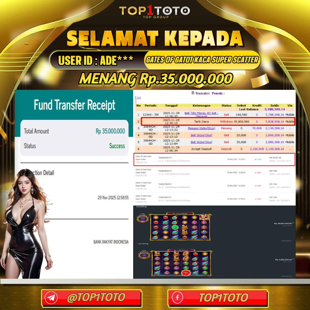 TOP1TOTO JACKPOT SLOT GATES OF GATOT KACA SUPER SCATTER Rp.35.000.000 - LUNAS USER ID : ADE***