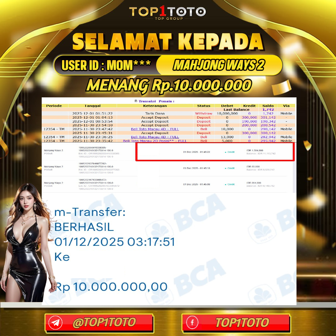 TOP1TOTO JACKPOT SLOT MAHJONG WAYS 2 Rp.10.000.000 - LUNAS USER ID : MOM***