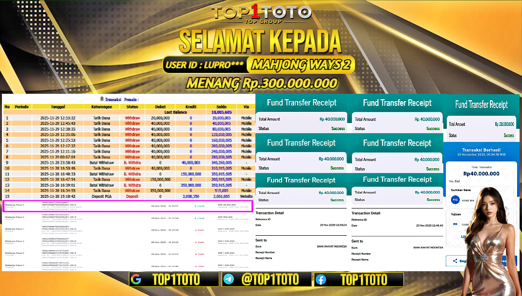 TOP1TOTO JACKPOT SLOT MAHJONG WAYS 2 Rp.30.000.000 - LUNAS USER ID : LUPRO***